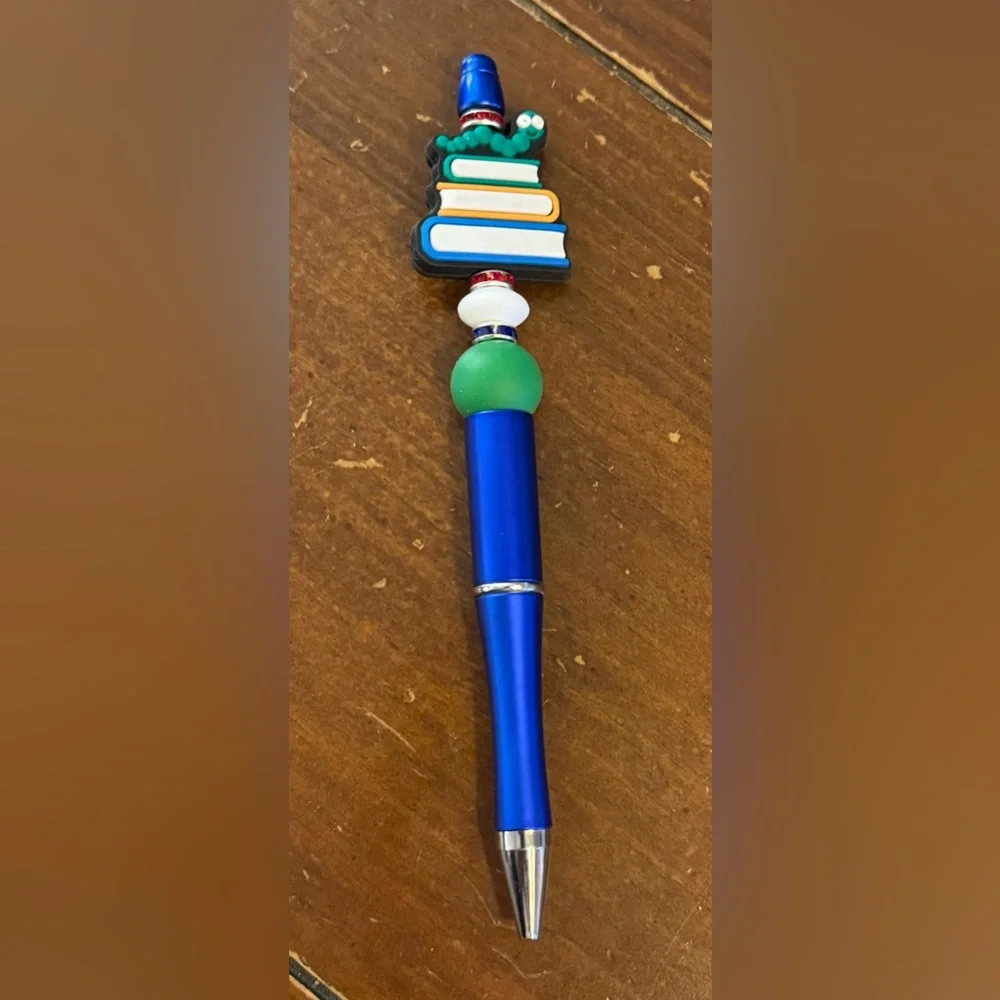 Handcrafted Bookworm Librarian Teacher Rhinestone Beaded Pen Stationery Gift